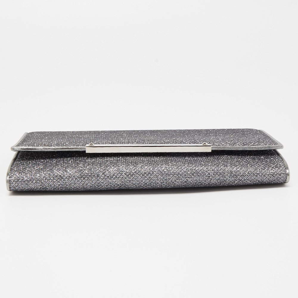 JIMMY CHOO Silver Glitter and Leather Metal Logo Flap Clutch - Picture 8 of 8